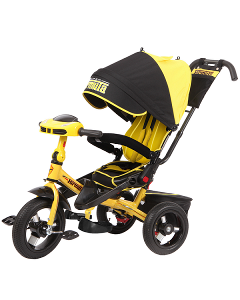 Детский трёхколёсный велосипед Trike Super Formula SFA3 жёлтый с сидением вращающемся на 180 град,надувные колеса 12 и 10, регулируемая спинка, капюшон